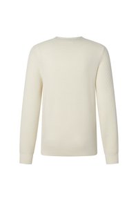 Cremefarbener Pullover mit strukturiertem Muster, Rundhalsausschnitt, langen Ärmeln und gerippten Bündchen sowie Saum. Minimalistisches Design, keine sichtbaren Beschläge.