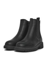 Stivaletti neri in pelle presentano un design elegante, pannelli laterali elastici, linguette e una suola robusta con dettagli di cucitura.