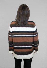 Maglione a righe in tonalità calde di marrone, nero e bianco. Morbido e lavorato a maglia con trama testurizzata, orlo a coste e maniche larghe. Vista posteriore mostrata.