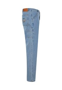 Lysblå denim bukser med lige pasform, der har en baglomme med broderede detaljer og et lædermærke på linningen.