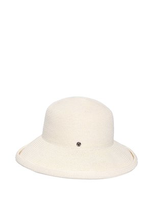 Sonnenhut in cremefarben mit breiter Krempe aus strukturiertem, gewebtem Material und kleinem rundem schwarzem Logo vorne.