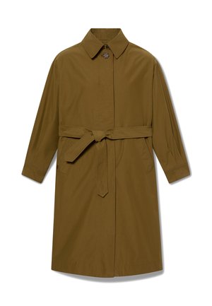 Trench coat marrone con cintura, collo, chiusura con bottoni, maniche lunghe e taglio dritto. Il materiale ha una finitura liscia e opaca.