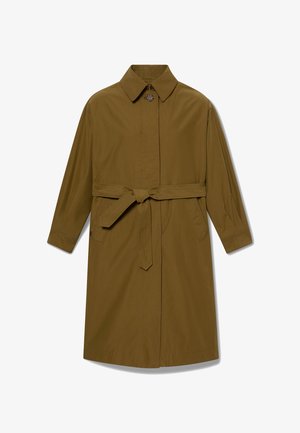 Trench coat marrone con cintura, collo, chiusura con bottoni, maniche lunghe e taglio dritto. Il materiale ha una finitura liscia e opaca.