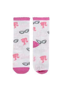 Socks bianchi con accenti rosa, caratterizzati da stampe ripetute di sagome di Barbie e occhiali. Tessuto morbido e leggero con un polsino elastico.