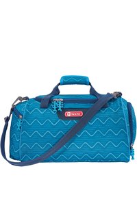 Blue duffel bag with geometric wave pattern, durable fabric, dual handles, adjustable shoulder strap, and decorative zipper pulls.