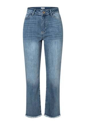 Blauwe high-waist rechte jeans met knoop- en ritssluiting aan de voorkant, vijf zakken en rafelige zomen bij de enkels.