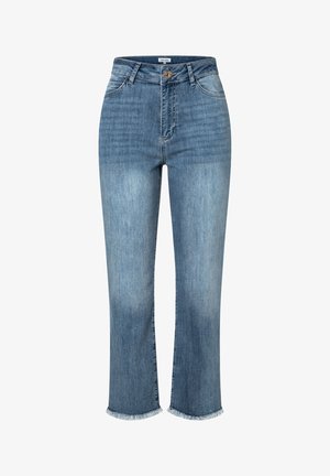 Jeans bleu taille haute à jambes droites, fermeture avant par bouton et fermeture éclair, cinq poches et ourlets effilochés aux chevilles.