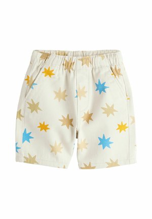 Kremfarvede shorts til småbørn med elastisk talje og stjerneburst-mønstre i blå, gul og beige.