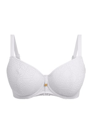 Sujetador blanco con patrón geométrico texturizado, copas acolchadas, tirantes ajustables y un acento de hardware en tono dorado en el centro.