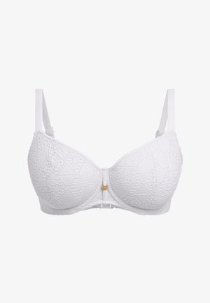 Witte bh met een gestructureerd geometrisch patroon, gevoerde cups, verstelbare bandjes en een centrale gouden hardwareaccent.