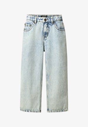 Lyseblå denimjeans med høj talje, vide ben og diskret falming. Indeholder forlommer og en metal knaplukning.