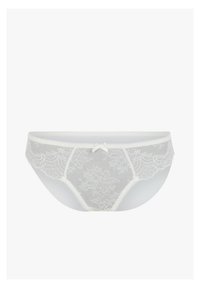String en dentelle avec un design blanc transparent et des motifs floraux. Équipé d'un petit nœud au centre et terminé par des bords festonnés.