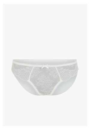 String en dentelle avec un design blanc transparent et des motifs floraux. Équipé d'un petit nœud au centre et terminé par des bords festonnés.