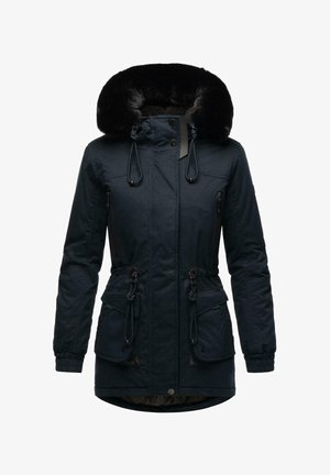 Navyblauer Parka mit großem Kunstfellkragen, elastischer Taille und zwei vorderen Taschen mit Klappen.