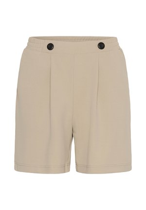Shorts beige taille haute avec ceinture élastique et deux boutons noirs à l'avant, présentant des plis subtils et un ourlet droit.