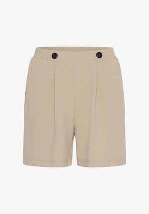 Shorts beige taille haute avec ceinture élastique et deux boutons noirs à l'avant, présentant des plis subtils et un ourlet droit.