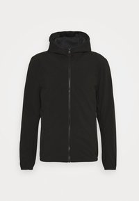 Schwarze Kapuzenjacke mit Frontreißverschluss und seitlichen Reißverschlusstaschen, langen Ärmeln und elastischen Bündchen auf einem schlichten weißen Hintergrund.