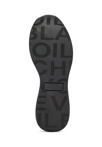 Suola di scarpa in gomma nera con presa texturizzata e marchio impresso "VOILE BLANCHE". Presenta tipografia variata e motivi lineari.
