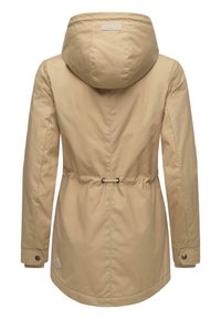 Beige hooded parka with elastic drawstring at the waist, snap buttons on cuffs, and smooth, water-resistant fabric texture.