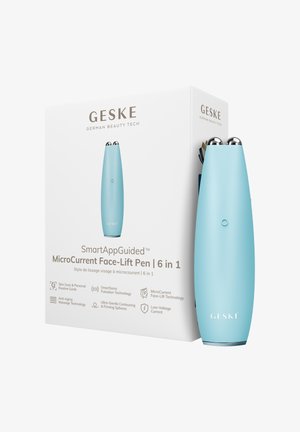 Blå Geske MicroCurrent Face-Lift Pen med dobbelte metalkugler, vist ved siden af en hvid produktæske med detaljer om seks hudplejeteknologier.