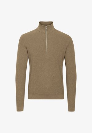 Brauner Reißverschluss-Pullover mit hohem Kragen, aus strukturiertem Strickstoff. Verfügt über lange Ärmel und eine taillierte Passform.