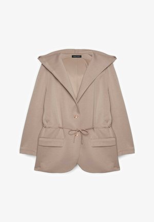 Beige blazer med brede revers, to knapper, snørelukning i taljen og klaplommer, skræddersyet til en afslappet pasform.