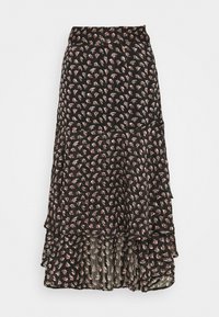 Jupe noire à motifs floraux avec un design en diapason, en tissu léger et avec un ourlet volanté. Agrémentée de petites fleurs roses et crème.