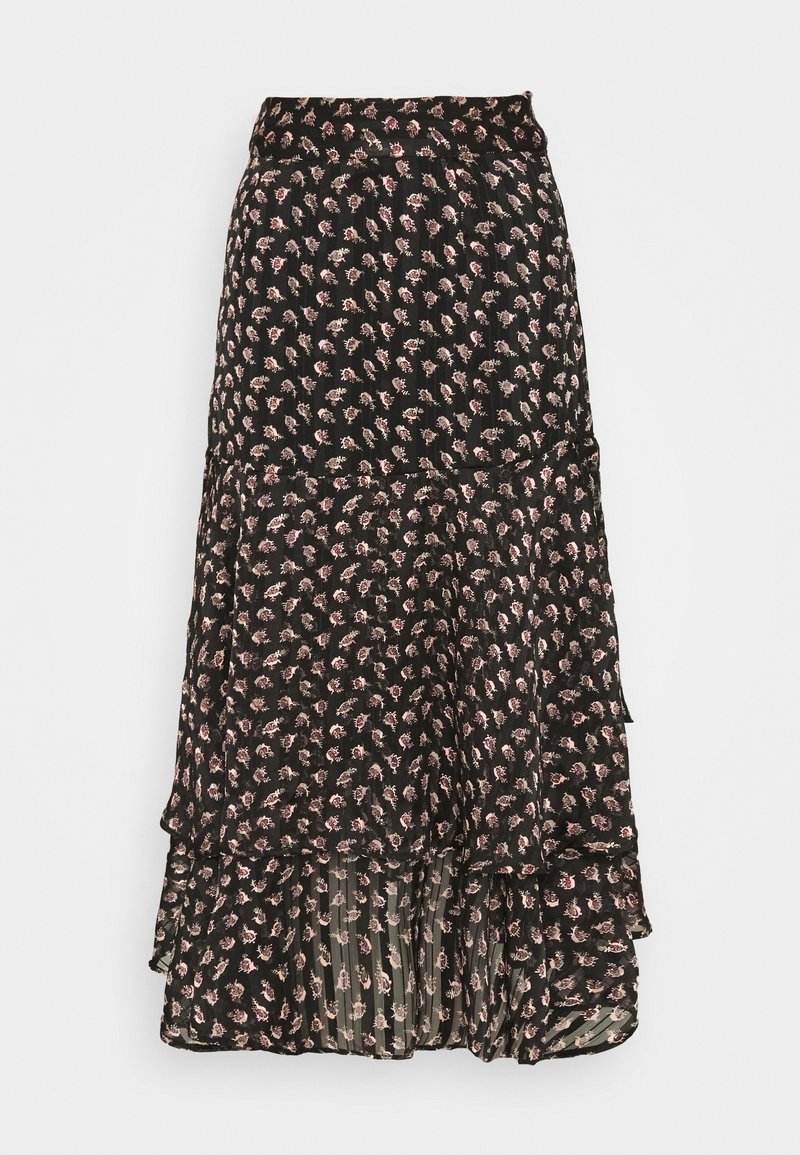 Jupe noire à motifs floraux avec un design en diapason, en tissu léger et avec un ourlet volanté. Agrémentée de petites fleurs roses et crème.