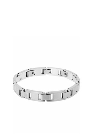 Silbernes Edelstahl-Link-Armband mit rechteckigen, polierten und gebürsteten Segmenten, die ein durchgehendes Kettendesign bilden.