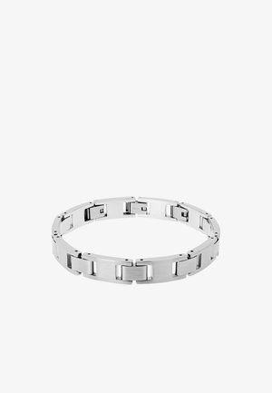 Silbernes Edelstahl-Link-Armband mit rechteckigen, polierten und gebürsteten Segmenten, die ein durchgehendes Kettendesign bilden.