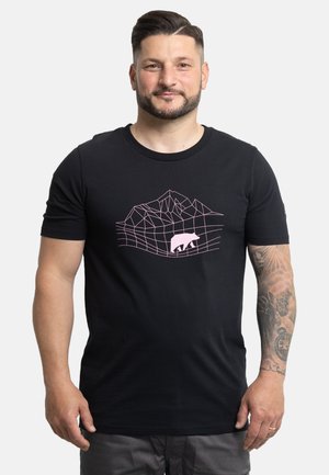 Zwarte t-shirt met korte mouwen, voorzien van een roze geometrisch berg- en berenmotief. Gemaakt van katoen met een gladde textuur en een slim fit ontwerp.