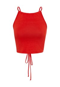 Top corto rosso con spalline sottili e orlo con cordoncino. Realizzato in un tessuto morbido, presenta una superficie liscia e un design aderente.