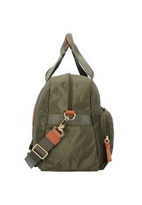 Borsa in nylon verde oliva con design strutturato, doppie cinghie per le spalle, una cinghia rimovibile e dettagli in pelle marrone. Presenta molteplici tasche.