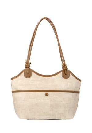 Beige Stofftasche mit braunem Lederbesatz, Fronttasche mit Knopf und doppelte Schulterriemen, die an goldfarbenen Beschlägen verknotet sind.