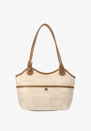 Beige stofnet med brun læderkant, frontlomme med knap og dobbelte skulderstropper, der er knyttet ved guldfarvet hardware.