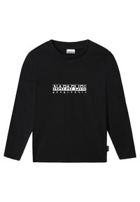 Schwarzes Langarm-T-Shirt aus Baumwollstoff mit einem weißen Logo-Textdesign "NAPAPIJRI geographic", das in der Mitte der Vorderseite platziert ist. Runder Ausschnitt.