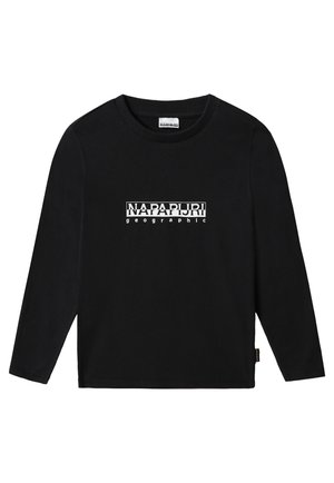 Schwarzes Langarm-T-Shirt aus Baumwollstoff mit einem weißen Logo-Textdesign "NAPAPIJRI geographic", das in der Mitte der Vorderseite platziert ist. Runder Ausschnitt.