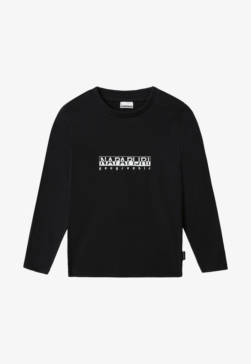 Schwarzes Langarm-T-Shirt aus Baumwollstoff mit einem weißen Logo-Textdesign "NAPAPIJRI geographic", das in der Mitte der Vorderseite platziert ist. Runder Ausschnitt.