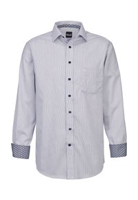 Camicia a maniche lunghe a righe in azzurro chiaro e bianco con taschino sul petto, bottoni scuri e polsini decorati in blu e bianco.