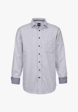 Camicia a maniche lunghe a righe in azzurro chiaro e bianco con taschino sul petto, bottoni scuri e polsini decorati in blu e bianco.