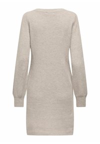 Robe-pull beige à manches longues avec poignets et ourlet côtelés, vue de dos sur fond blanc.