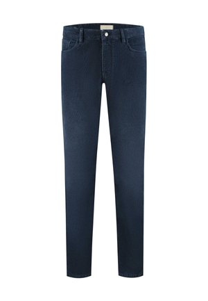 Jeans de mezclilla azul marino con corte slim, diseño de cinco bolsillos y pierna recta. Presenta un cierre de botón y una etiqueta clásica en la cinturilla.