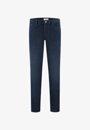 Marineblaue Denim-Jeans mit schlanker Passform, Fünf-Taschen-Design und geradem Bein. Mit Knopfverschluss und klassischem Taillenlabel.