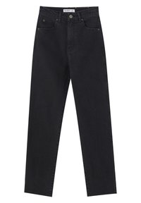 Černé džíny z denimu s vysokým pasem a rovnými nohavicemi. Obsahují detaile šití a kovové doplňky. Klasický pětikapsový styl.