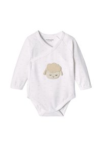 Weißes langärmliges Baby-Body mit einem beigen Schaf-Applikation auf der Vorderseite, in Wickeldesign und Druckknöpfen am Boden.