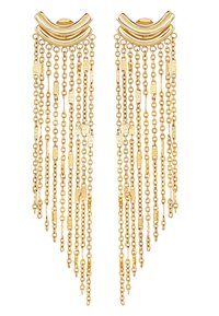 Zlaté náušnice se zakřiveným vrškem a kaskádou řetízků různých délek, které vykazují lesklé a strukturované zlaté povrchy.