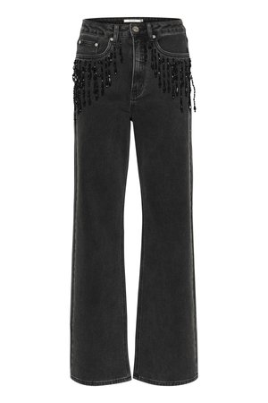 Melni denimi širokā kāju džinsi ar melnām pērlītēm, kas karājas gar priekšpusi, standarta kabatām un klasisku rāvējslēdzēja dizainu.