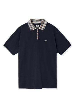 Navy short-sleeve polo shirt with beige, brown, and white checkered collar and button placket, featuring a small rectangular logo patch on the chest.