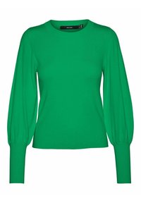 Vihreä pullover-neule, joka on valmistettu ribbitikistä. Ominaisuuksina pyöreä pääntie sekä puffi pitkähihaisuus tiiviillä resorilla. Silkkinen texture, yhtenäinen väri.
