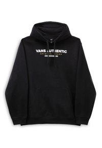Černá mikina Vans s přední kapsou, kapucí na šňůrku a bílým a žlutým textem "VANS AUTHENTIC ORIGINAL BRAND" na hrudi.